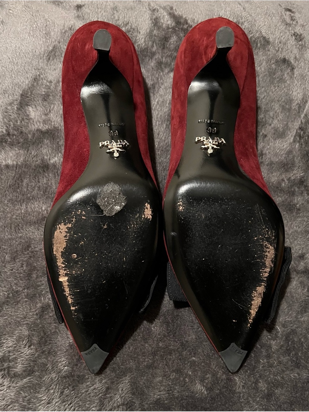 Prada Burgundy Suede Pointed Toe Pumps with Black Bow - Picture 4 of 5
